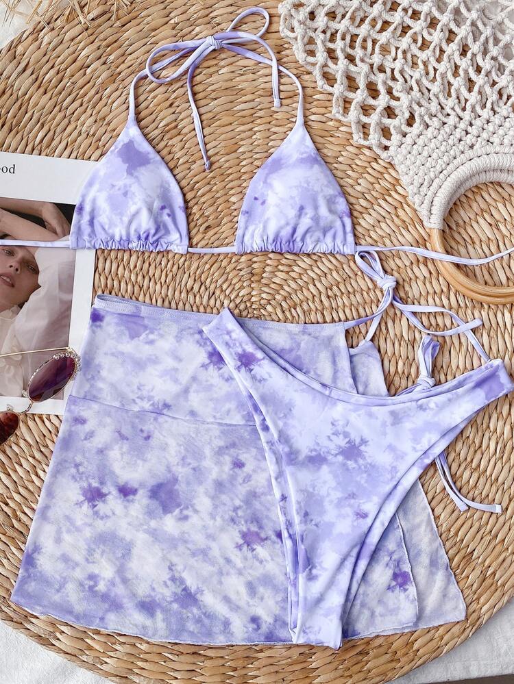 Bikini 3 piezas corte en triángulo de tie dye con falda playera NAX