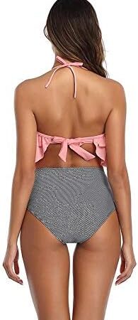 🌸Bikini .tiro alto con control de abdomen con volantes halter MOD:4XL17