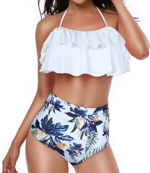 🌸Bikini tiro alto con control de abdomen con volantes halter MOD:G589