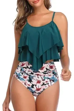 🌸Bikini tiro alto con control de abdomen con volantes largos MOD:M875