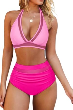 🌸Bikini .tiro alto con control de abdomen halter con transparencia MOD:K-XL853